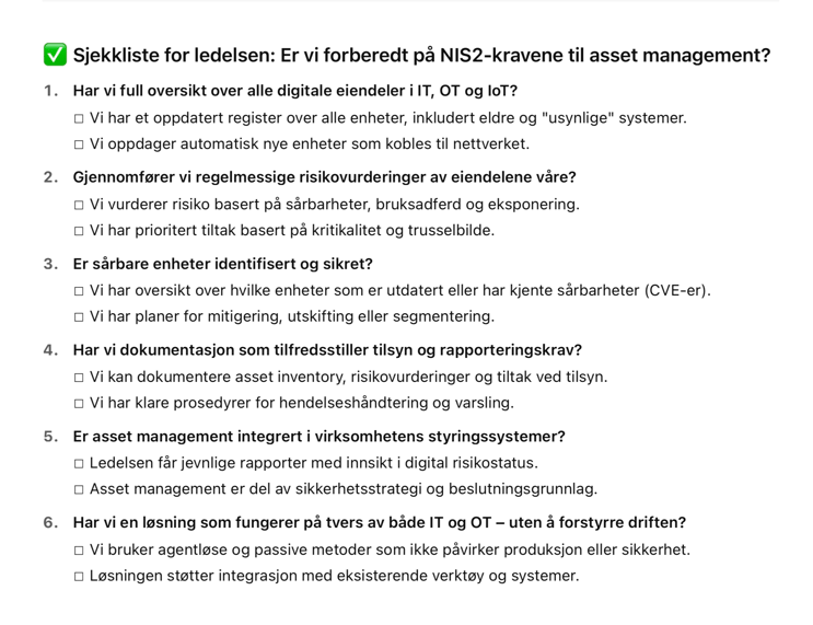 Siekkliste for ledelsen Er vi forberedt pã NIS2-kravene til asset management